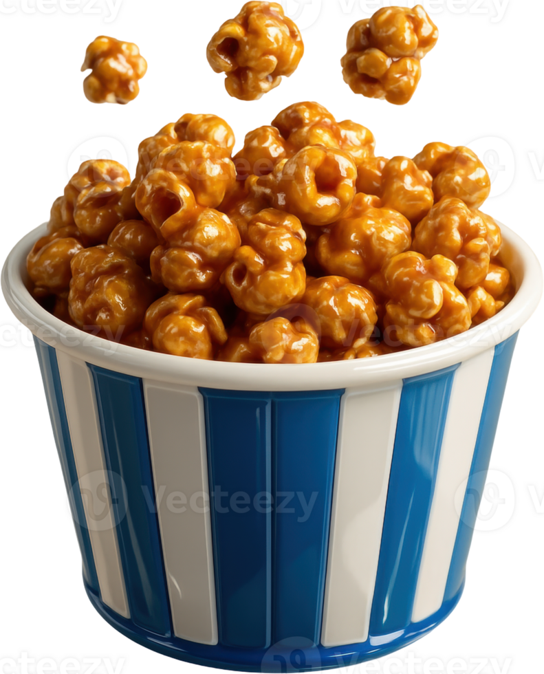 Sweet caramel popcorn overflowing from striped bucket png