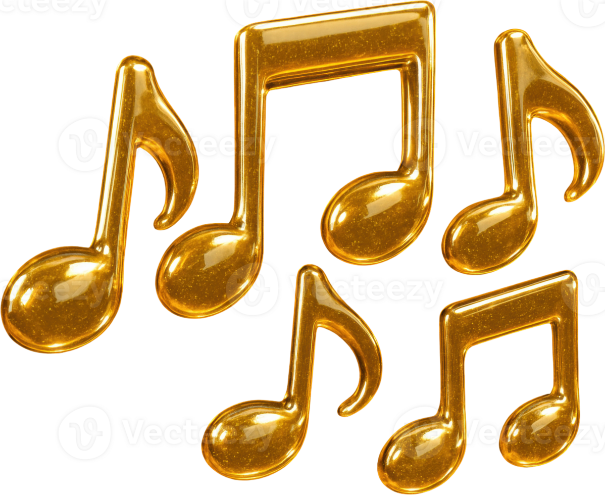 Shiny golden musical notes floating together in a 3D style png