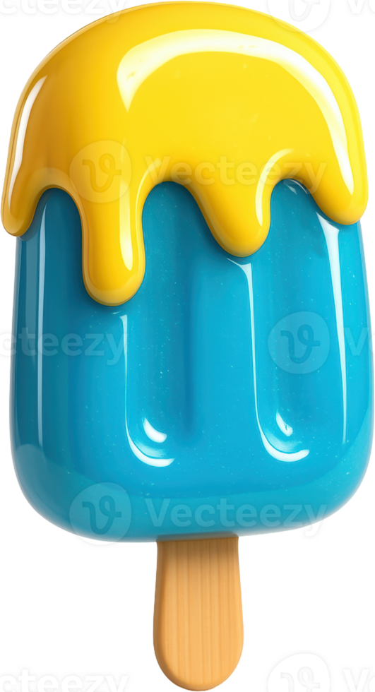 Glossy blue popsicle with dripping yellow frosting png