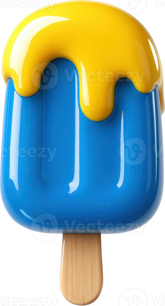 Vibrant blue popsicle with melting yellow frosting drip png