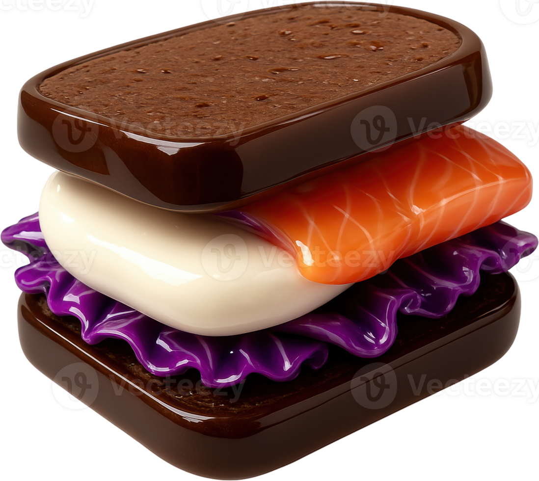 Artistic glossy gourmet sandwich with salmon mozzarella and purple cabbage png
