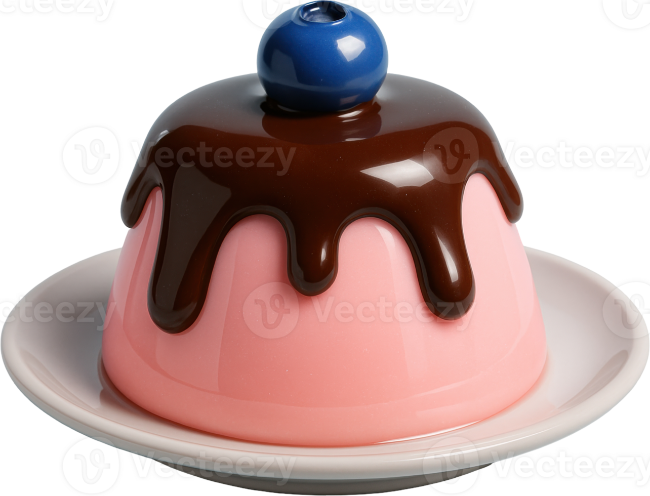 Glossy pink pudding with chocolate drizzle and blueberry topping png