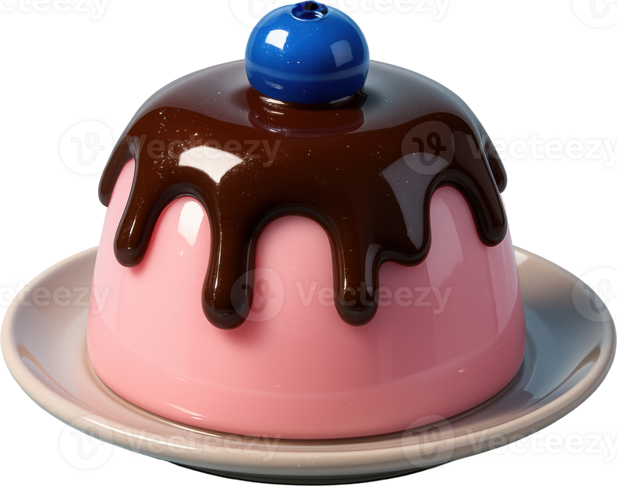 Sweet pink pudding with dark chocolate drizzle and blueberry topping png