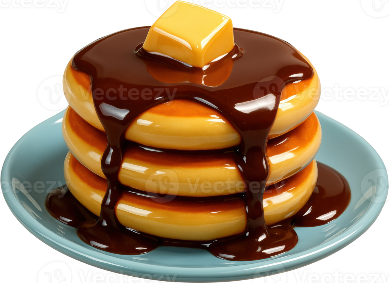 Golden pancakes stacked with rich chocolate syrup and melting butter png