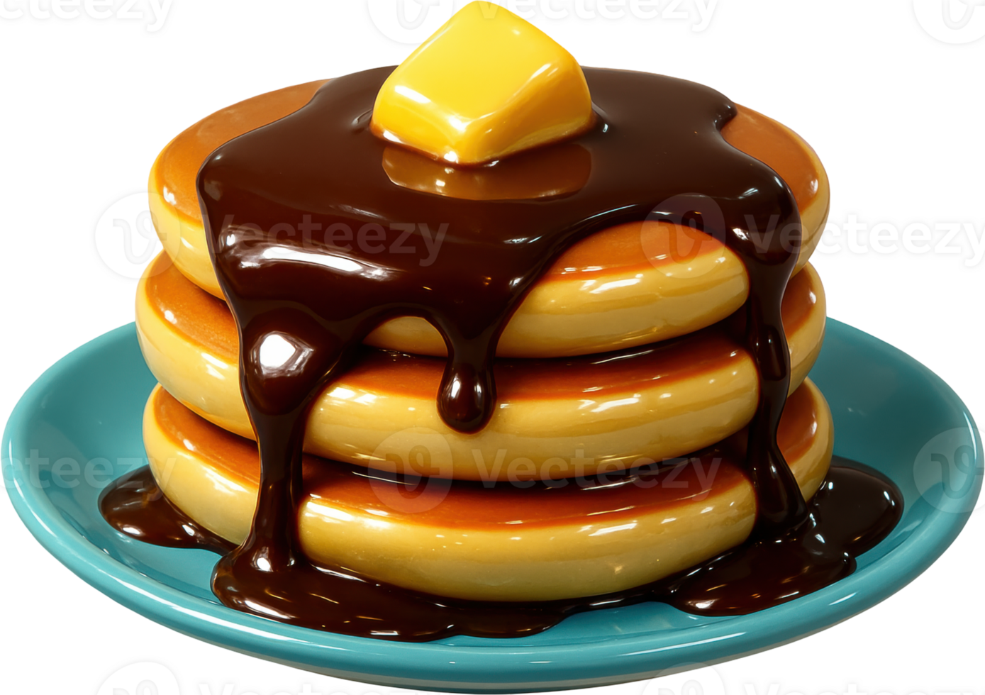 Stacked golden pancakes with decadent chocolate syrup and butter pat png