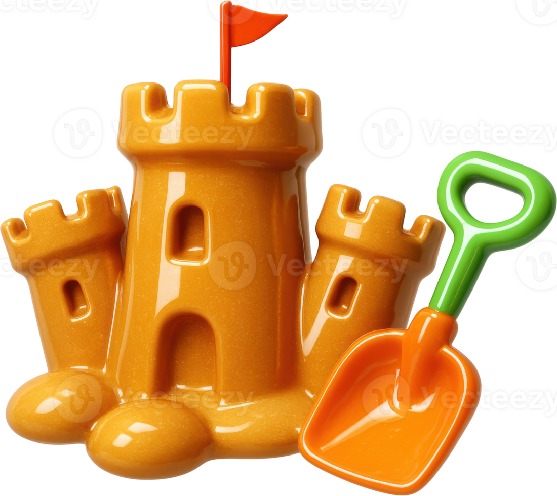 Glossy sandcastle with red flag and green shovel png