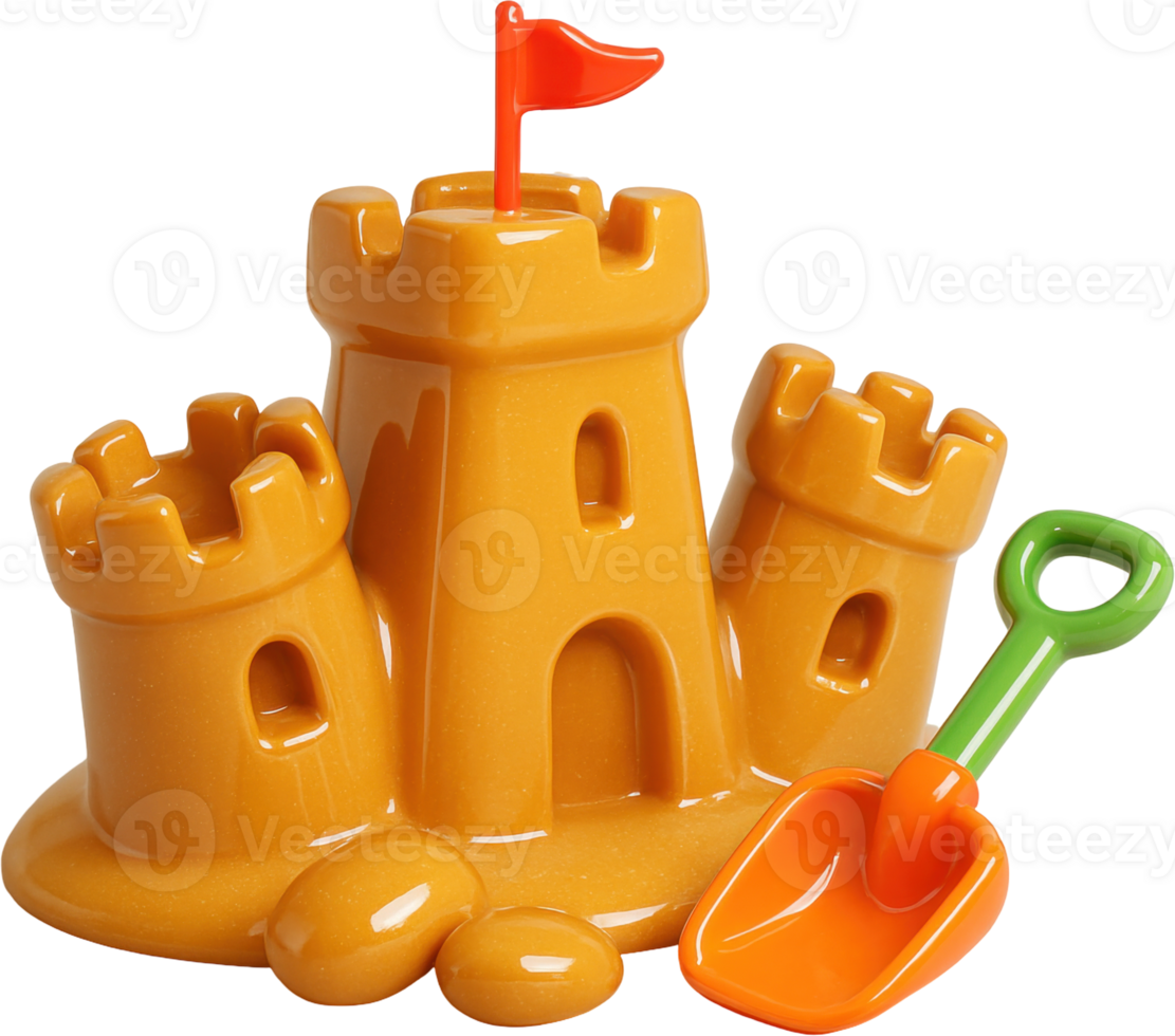 Vibrant toy sandcastle with flag and shovel for beach play png