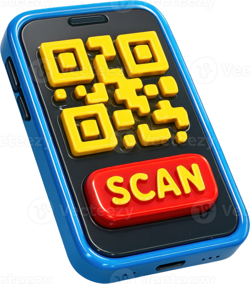Vibrant 3D smartphone showing QR code and scan button png
