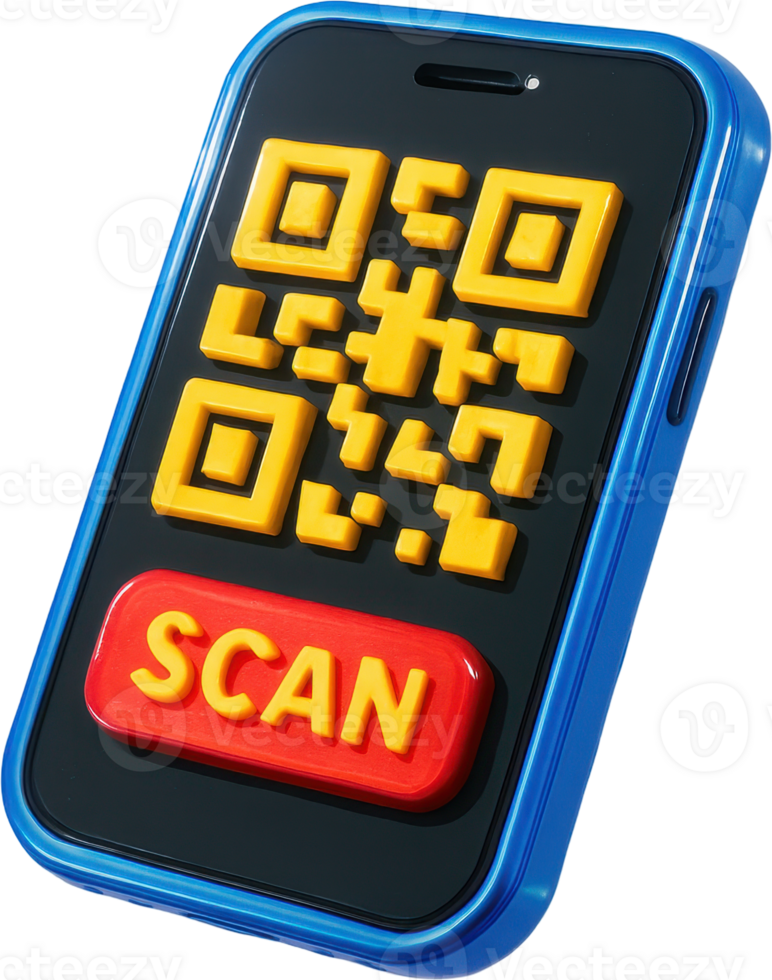 Glossy 3D smartphone with QR code and scan button png
