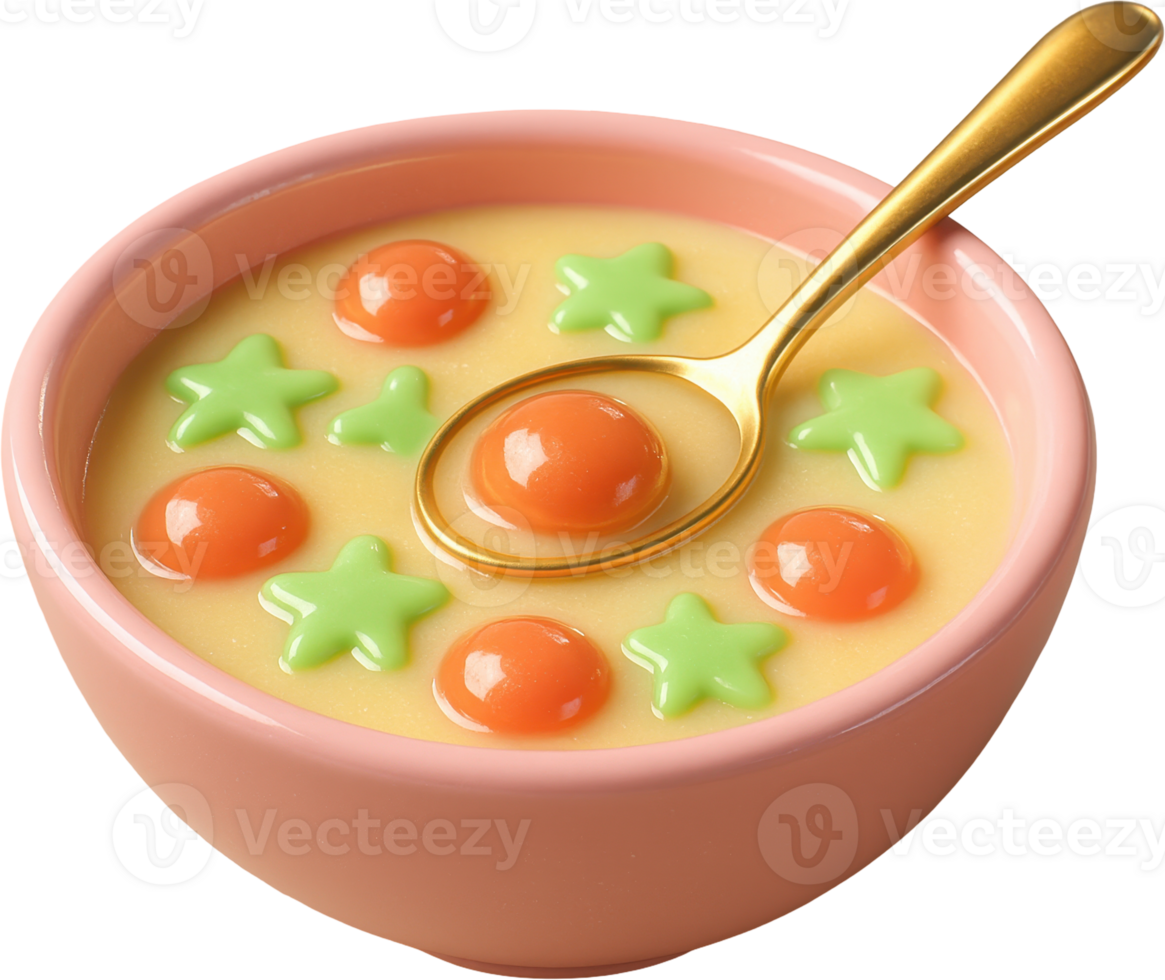 Whimsical creamy soup with colorful star and round shapes in pink bowl png