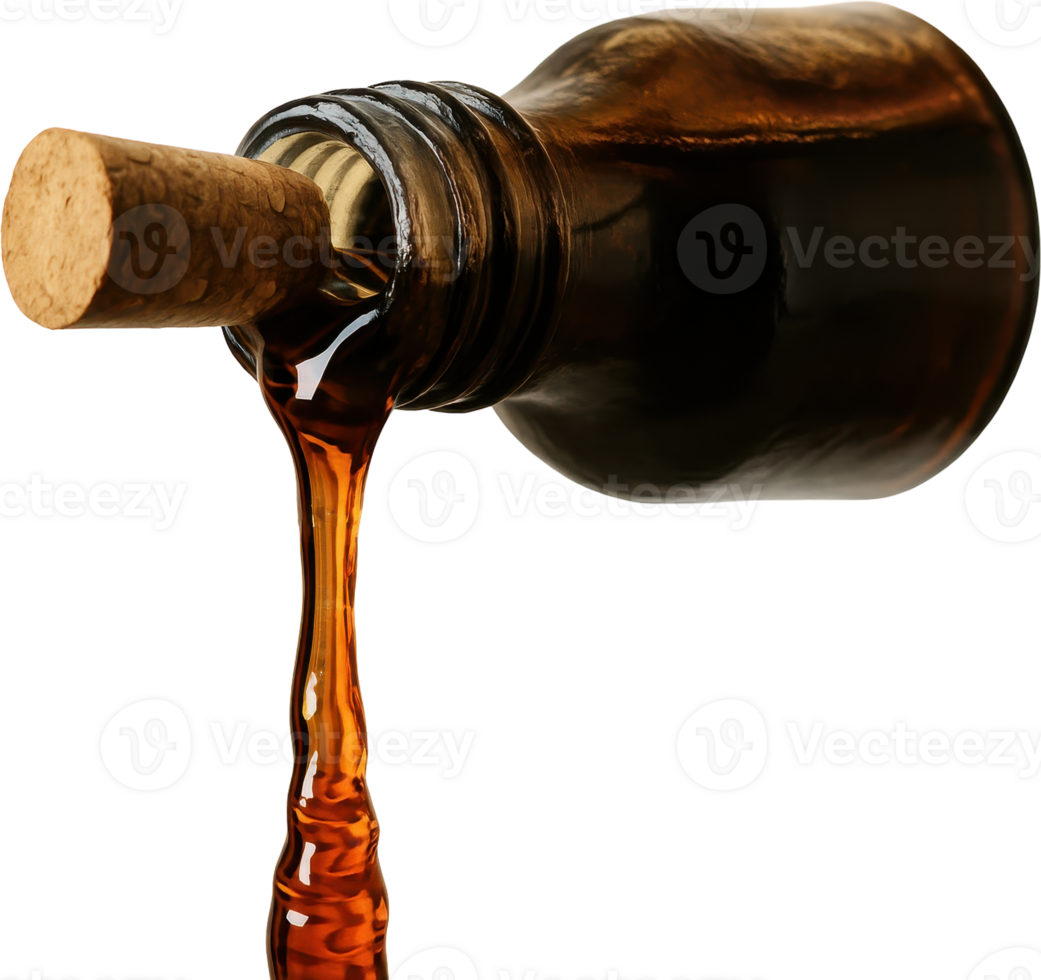 Dark amber maple syrup pouring from glass bottle with cork png