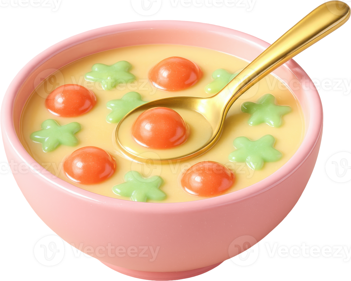 Pastel pink bowl of creamy yellow dessert with colorful candies and golden spoon png