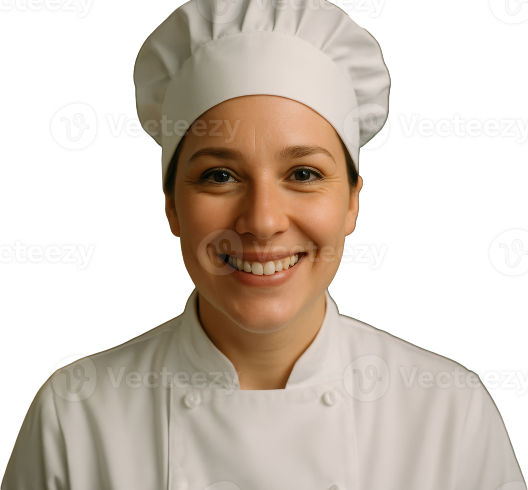 Friendly female chef in white uniform and hat smiling warmly at camera png
