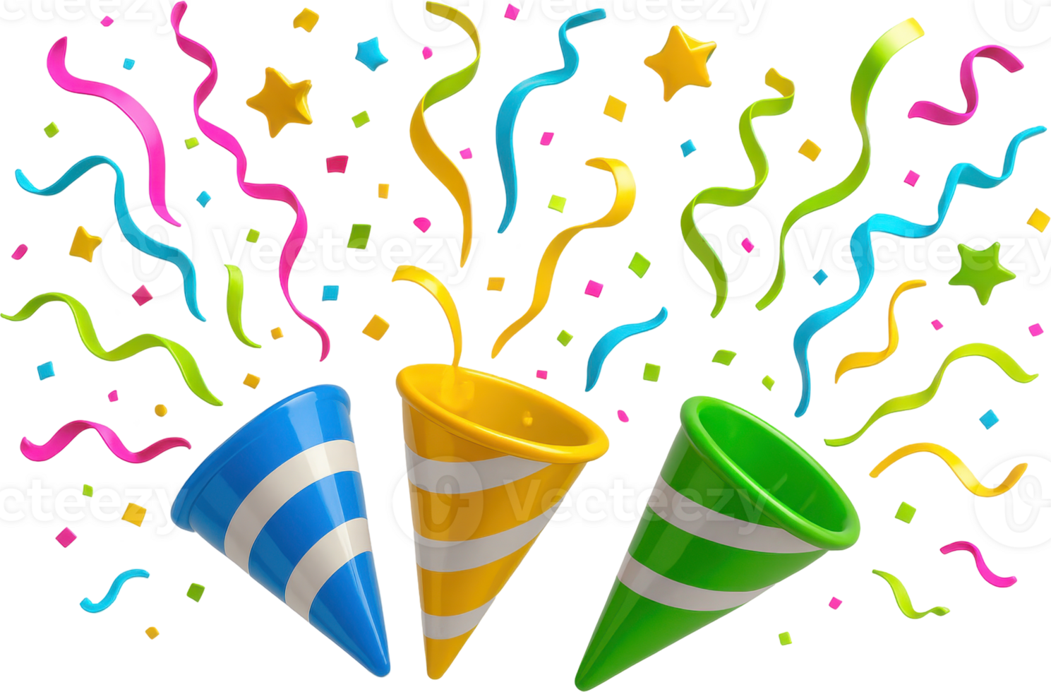 Vibrant celebration poppers bursting with festive confetti and streamers png