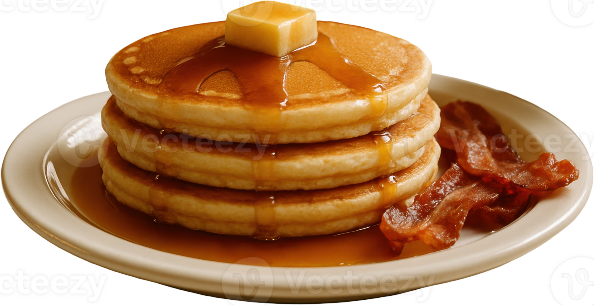 Fluffy pancakes with maple syrup, butter, and crispy bacon png