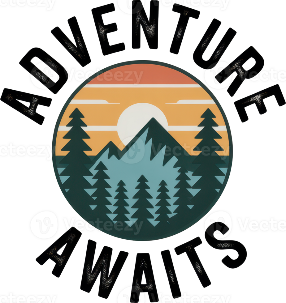 Retro mountain sunset emblem with pine trees and adventure awaits text png