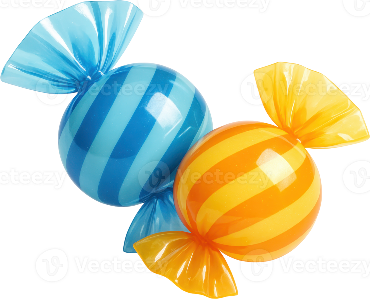 Two colorful striped candies wrapped in glossy cellophane png