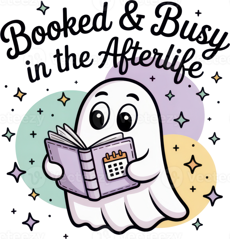 Cute ghost character planning schedule with planner and calendar png