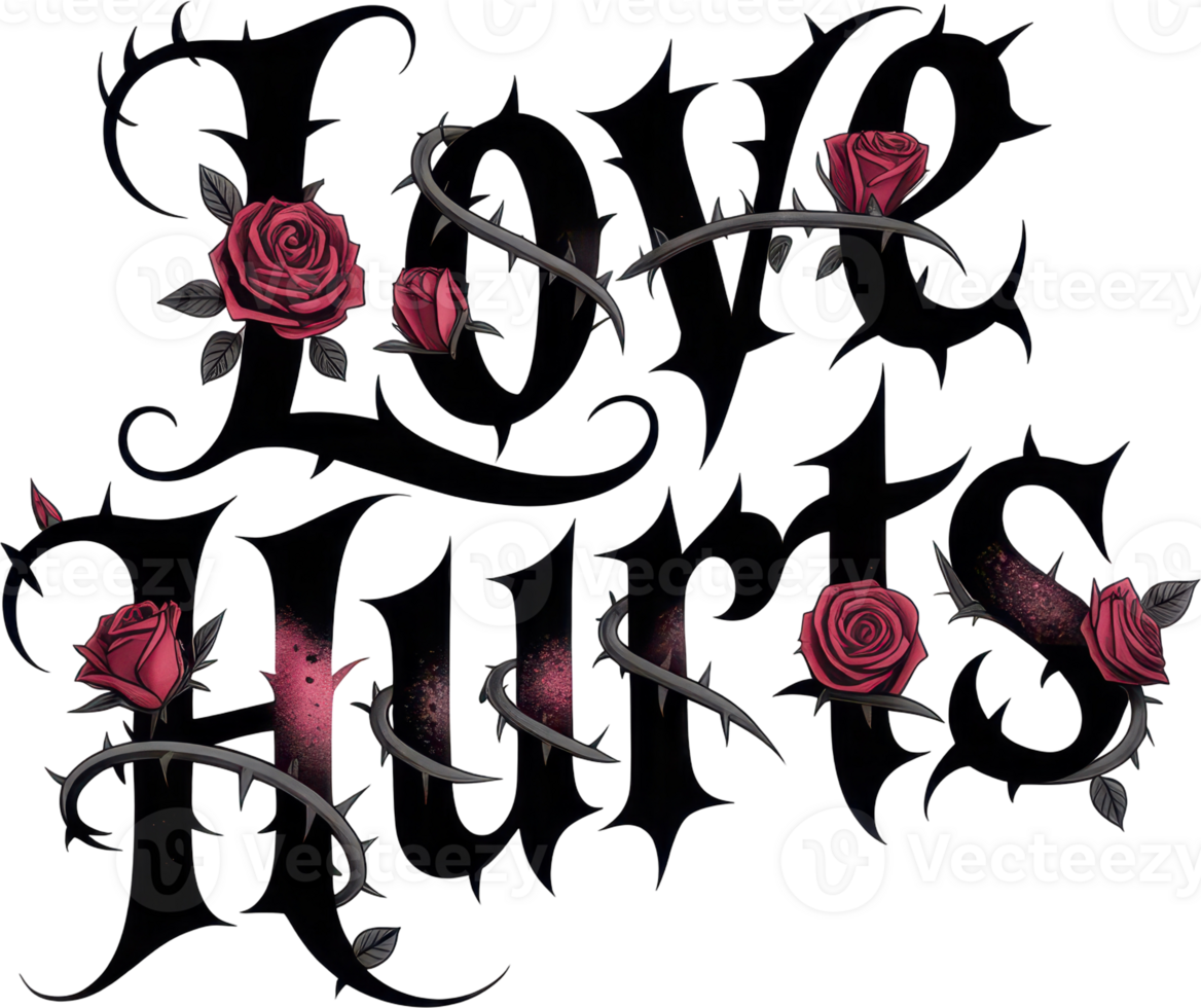 love hurts typography with entwined roses and thorns png