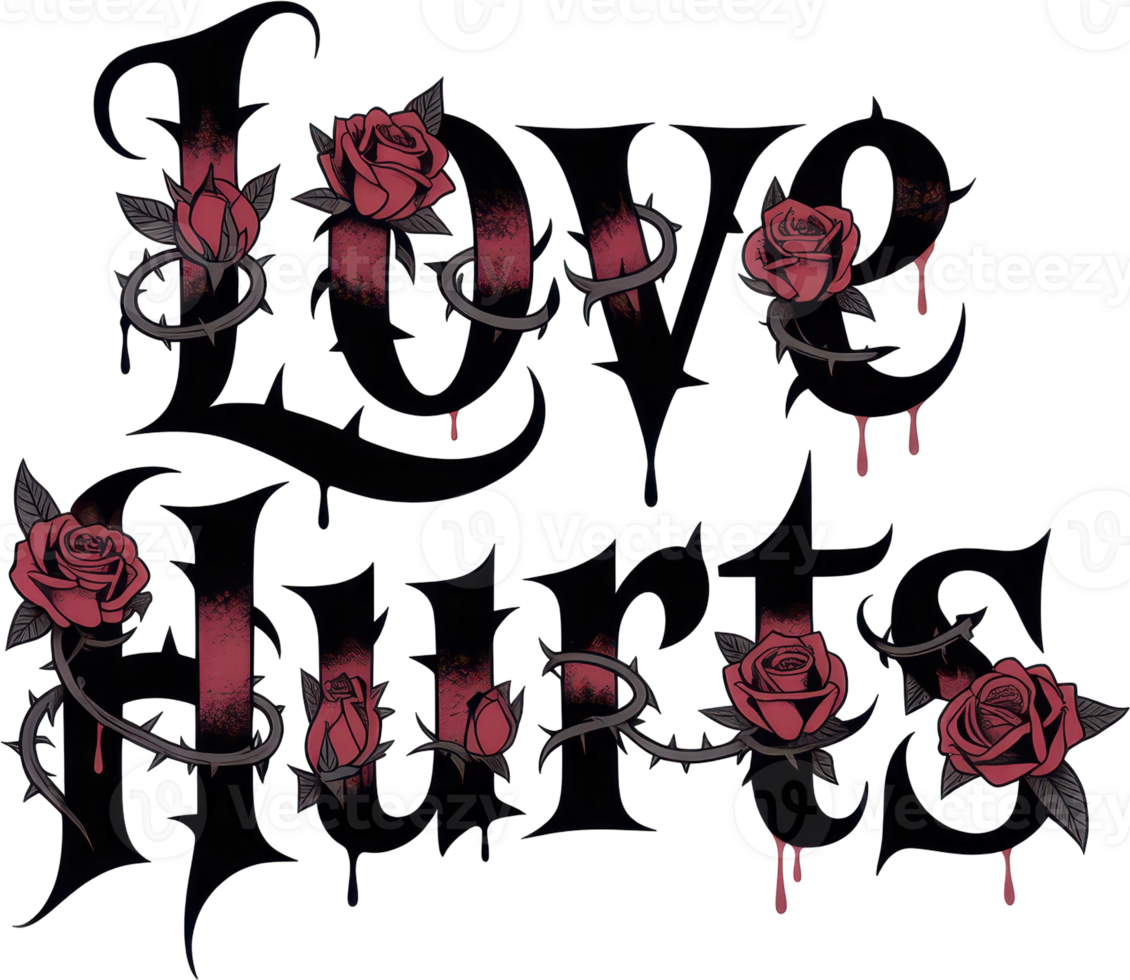 Gothic love hurts typography with red roses and thorns png