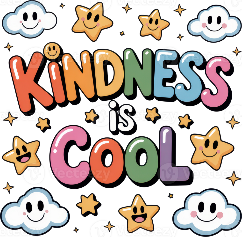 Colorful kindness is cool bubble letter typography with happy stars and clouds png