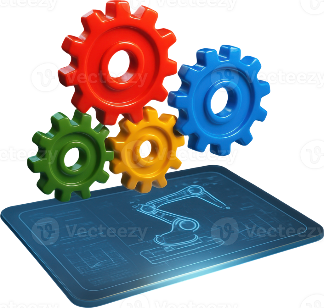Colorful interlocking gears above robotic arm blueprint png