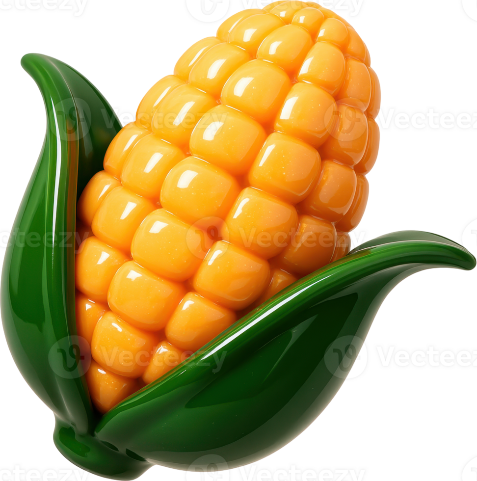 Vibrant glossy corn cob with golden kernels and green husks png
