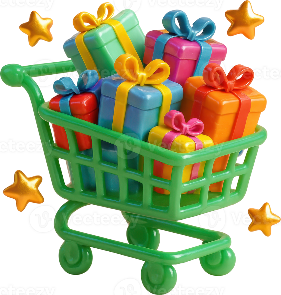 Vibrant green shopping cart overflowing with colorful gift boxes png