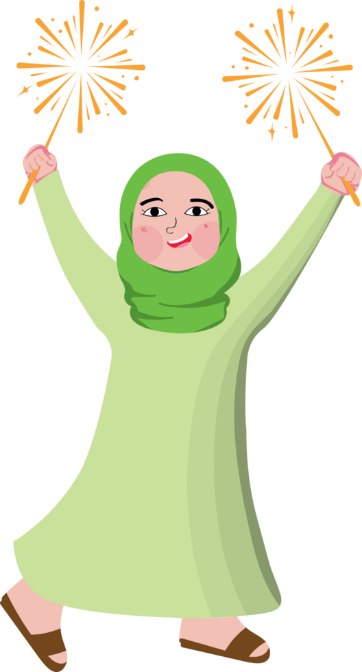 Muslim Girl in Hijab Playing with Fireworks at Night png