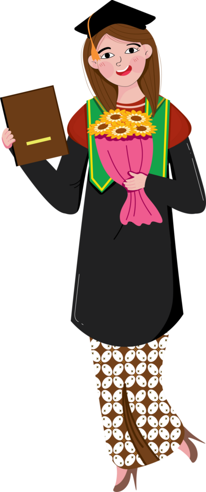 Graduate Posing with Cap, Gown, and Gift Bouquet png