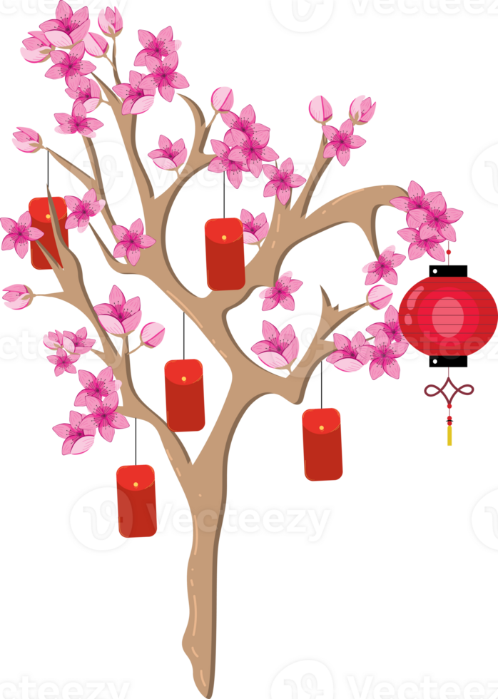 Lunar New Year Sakura Tree with Angpao Decorations png