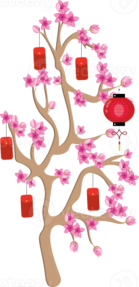 Pink Flowering Tree with Traditional Red Packet Ornaments png