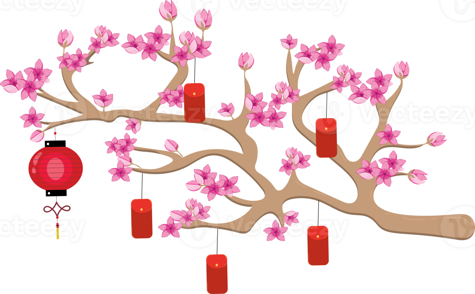 Red Envelope Decoration Hanging on Cherry Blossom Tree png