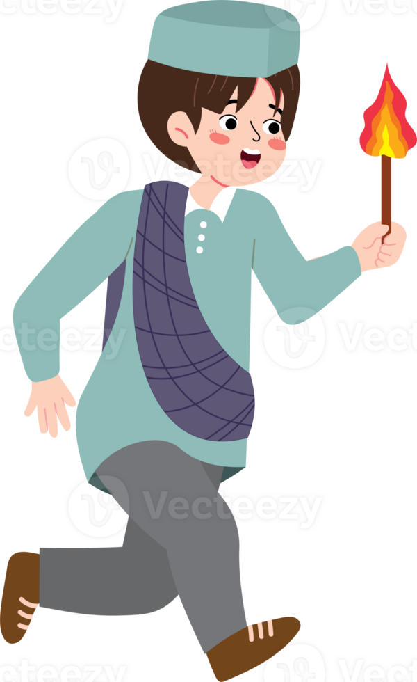 Little Muslim Boy Walking with Torch at Night png