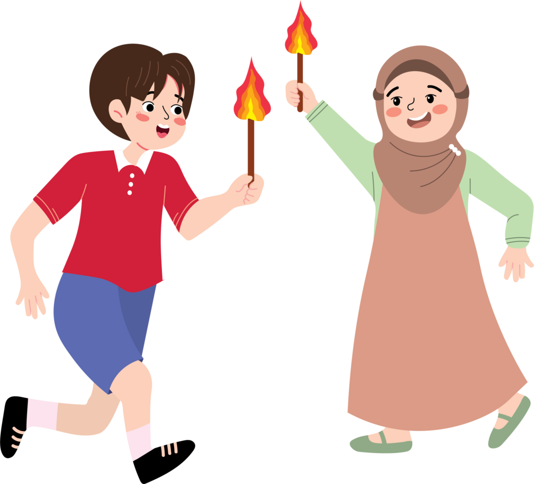 Happy Children Celebrating Eid with Traditional Torch Parade png