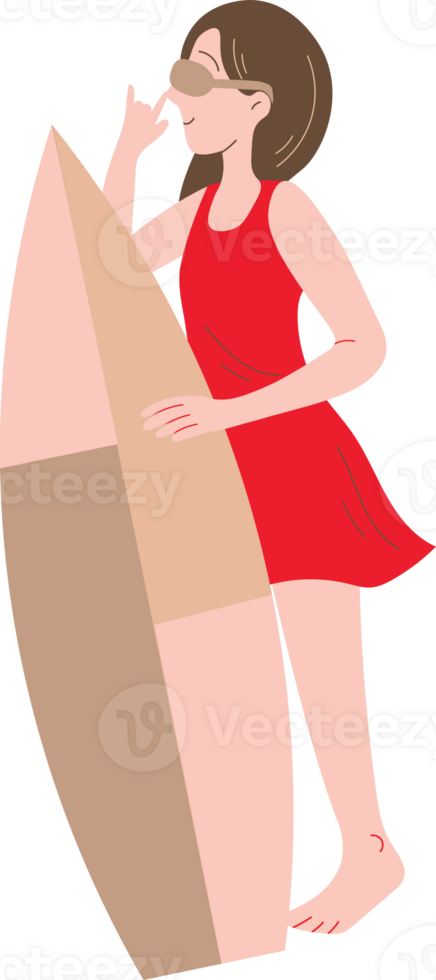 Girl on vacation with surfboard png