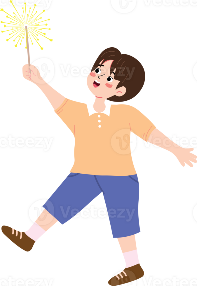 Happy Kid Celebrating Christmas and New Year with Fireworks png