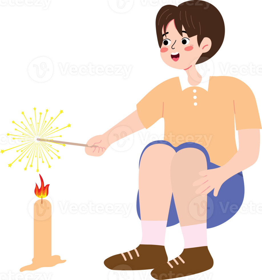 Child Playing with Fireworks at Night Holiday Party png