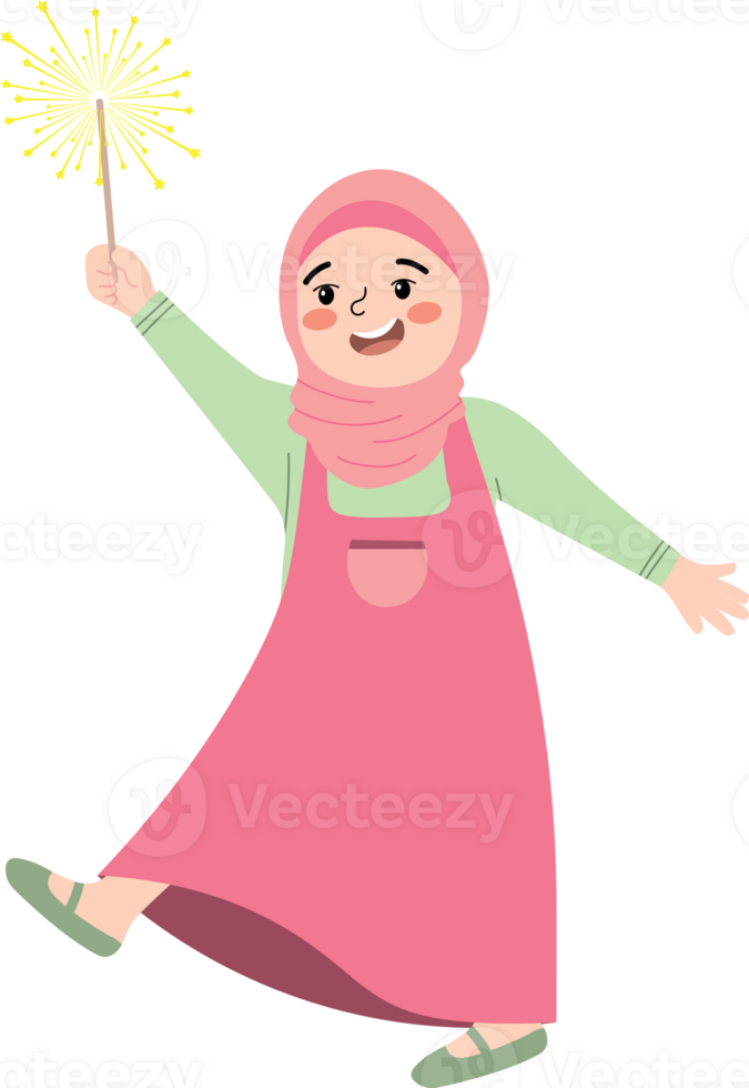 Young Girl in Hijab Holding Fireworks During Eid al-Fitr png