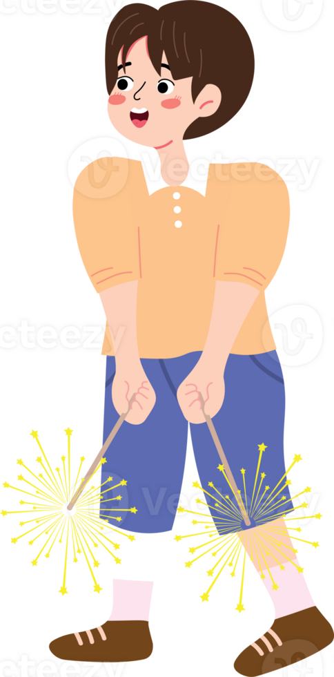 Little Boy Lighting Fireworks for New Year Celebration png
