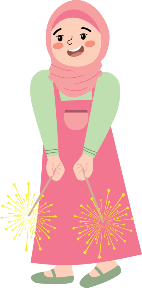 Muslim Girl in Hijab Playing Fireworks During Eid Celebration png