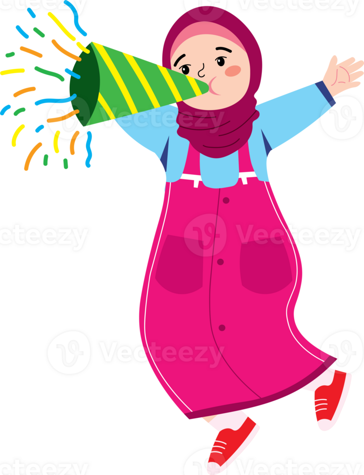 Cute Girl Celebrating Holidays with Trumpet in Hand png