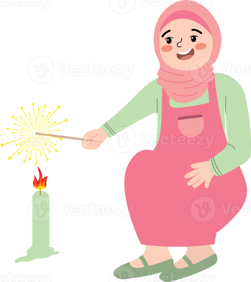 Happy Hijabi Girl Enjoying Sparklers on Eid Night png
