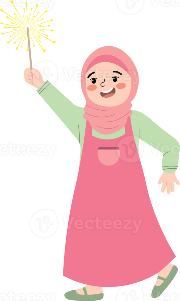Eid Celebration with Muslim Girl Holding Fireworks at Night png