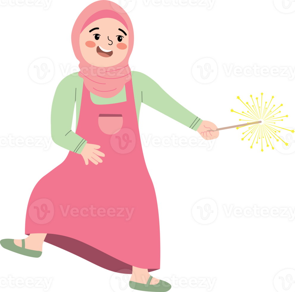 Child in Hijab Celebrating Eid with Sparkling Fireworks png