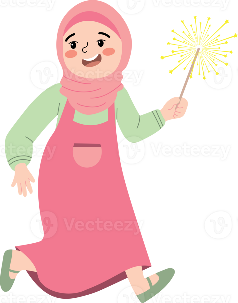 Little Muslim Girl Playing with Fireworks During Festive Night png