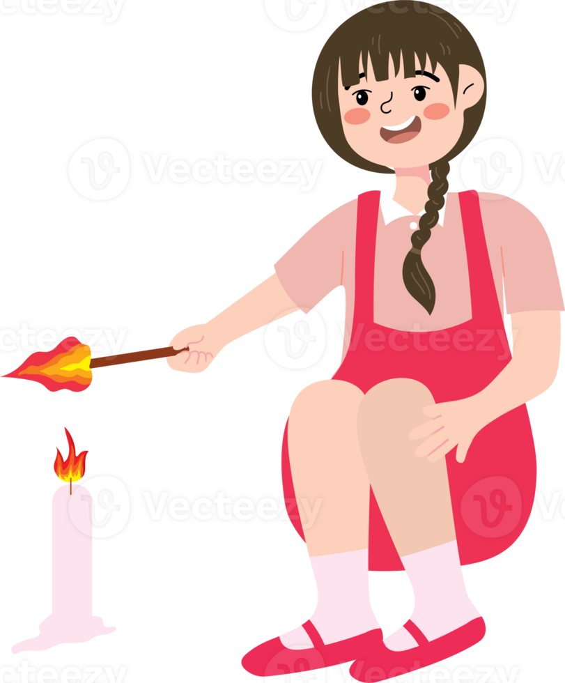 Happy Girl Lighting the Night with Fire Torch png