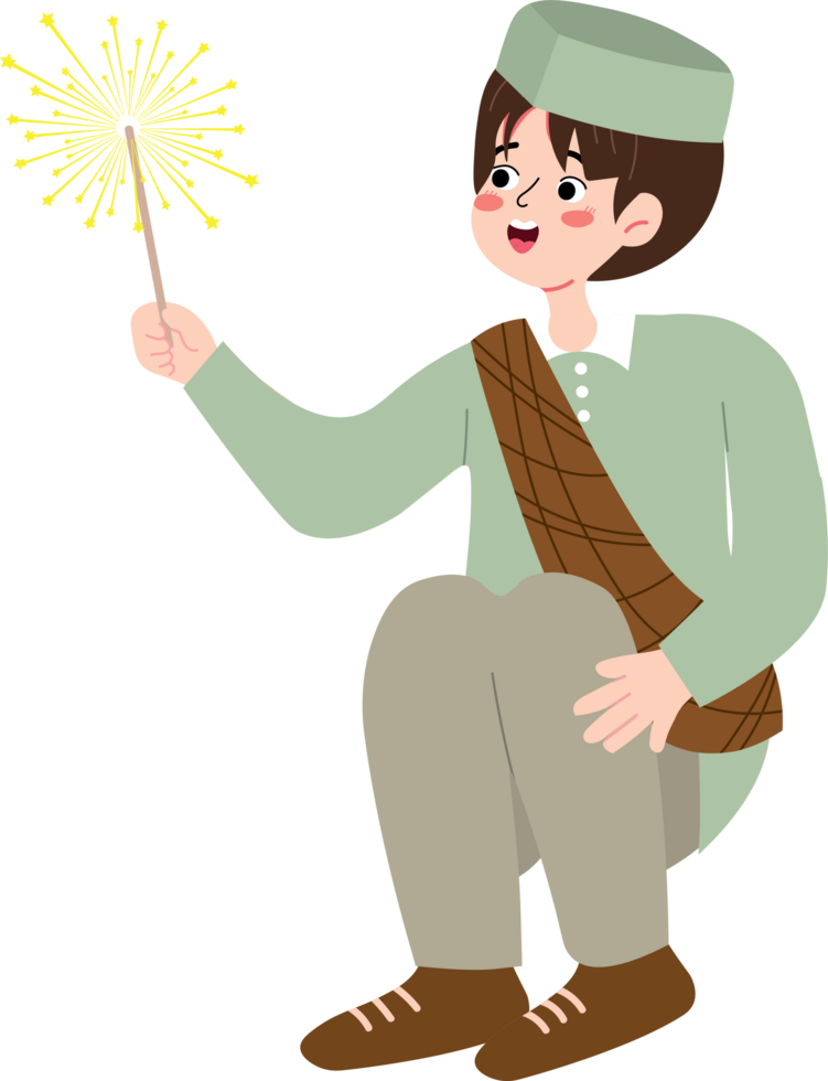 Child Holding Fireworks in Festive Eid Atmosphere png