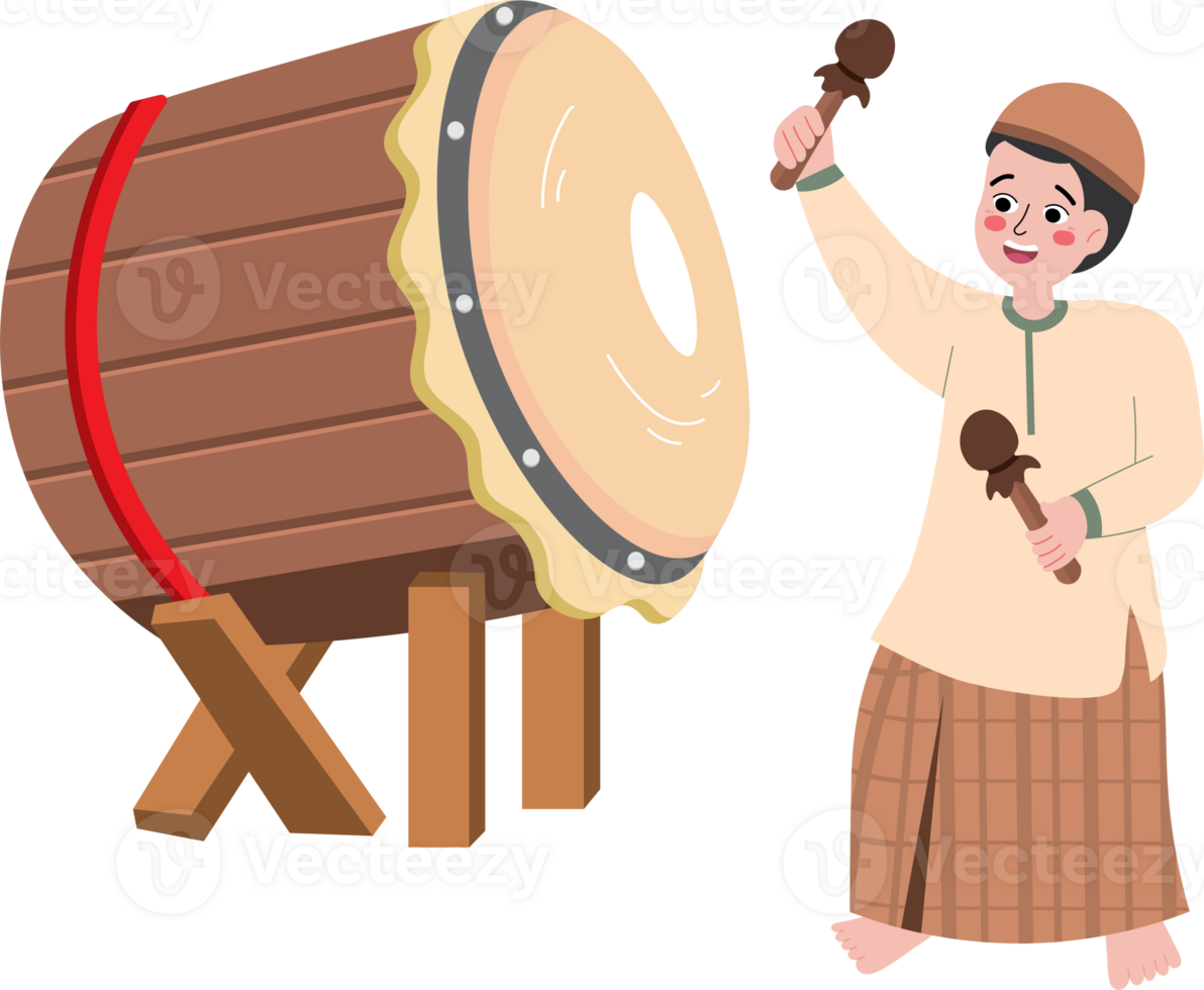 Child Hitting Bedug Drum to Mark Iftar Time in Ramadan png