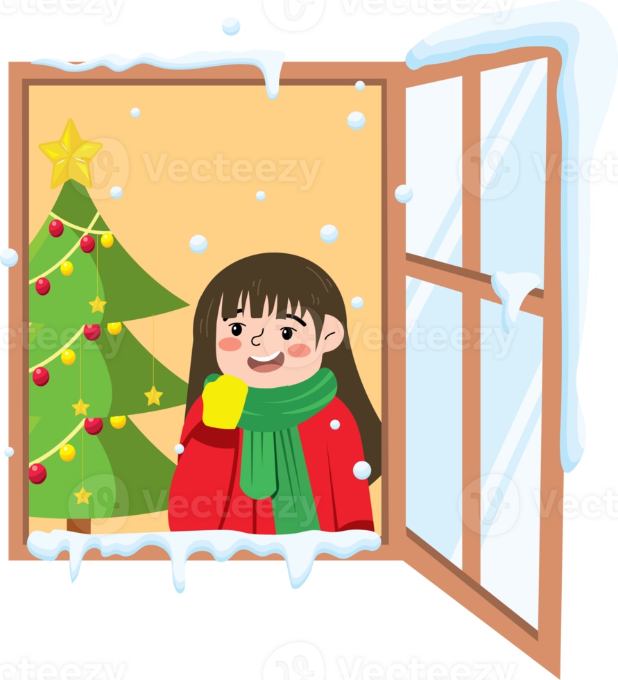 Child Celebrating Christmas Indoors Watching Snowfall Through Window png